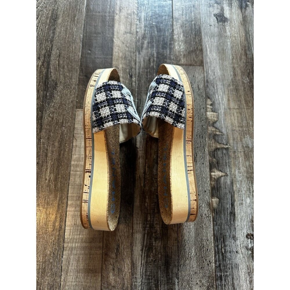 Chanel Tweed Mixed Fibers Cork CC Mule Sandal Navy Blue White Size 38 - Picture 6 of 13
